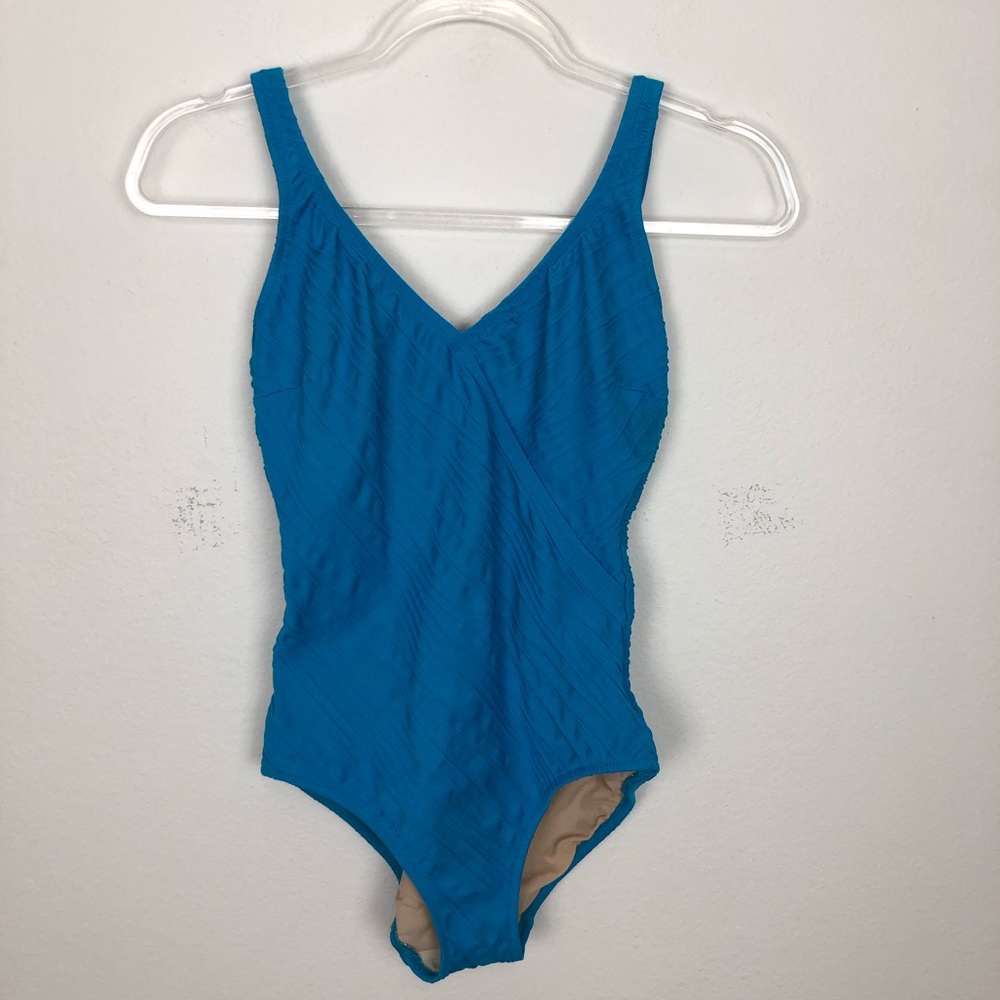 Gottex Blue Ribbed One Piece Low Back Bathing Suit